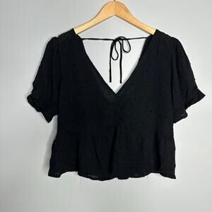 She + Sky Women's Black Texture Ruffle Babydoll Tie Back Skirted Blouse‎ Size L